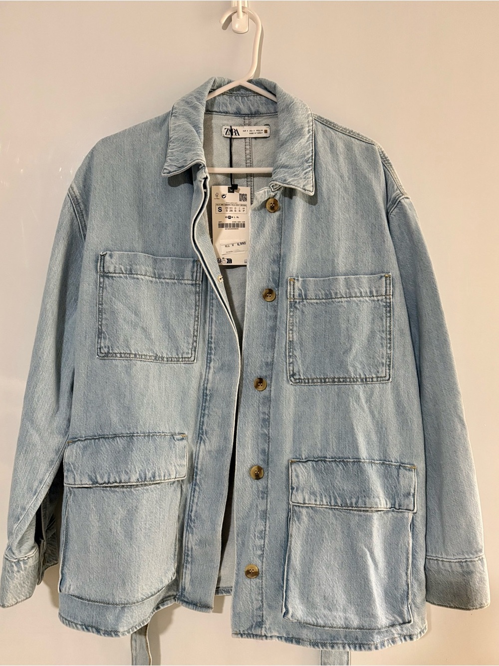NWT Zara Light Wash Utility Chore Jacket Belted 4 Pockets Size- small